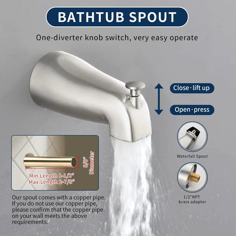 All In One Dual Shower System With Tub Spout showing waterfall spout and one-diverter knob, brushed nickel finish