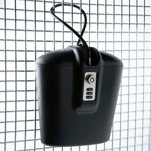 Portable Indoor Outdoor Lock Box Safe With Key And Combination Access secured on steel grid with heavy duty cable.