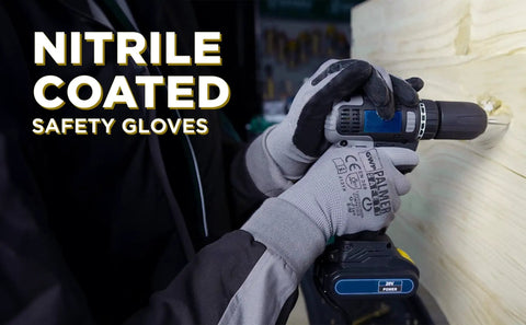Hands using a drill, wearing 12 Pairs Micro-Foam Nitrile Coated Work Gloves For Grip Like A Boss And Durability Seamless Knit Nylon Safety Gloves