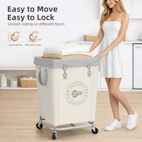 Heavy Duty Steel Frame Laundry Hamper Cart With Smooth Roll Along Wheels And Secure Pop Lid, Dang Sturdy Canvas Clothes Basket With Heaps Of Room For Big Families Or Hotels Solid Beige