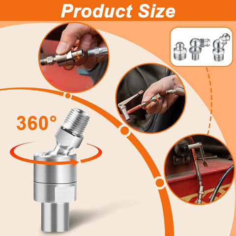 90 Degree Grease Gun Coupler With No Fuss 360 Degree Swivel And Quick Release 12000 PSI Fitting For All Grease Guns One Eighth Inch NPT Easy Lock On Tip displayed with product usage examples.