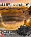 Beefed Up Heavy Duty 110V Brushless Diaphragm Water Pump Self Priming Four Chamber 6 GPM At 55 PSI with cow in background.