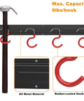 Solid Metal 64 Inch Wall Mount Garden Tool Organizer with 4 Rails, 16 Rubber-Coated Hooks, shown with a hammer hanging