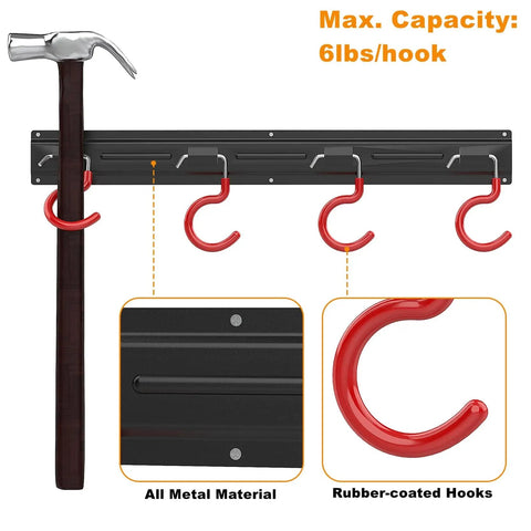 Solid Metal 64 Inch Wall Mount Garden Tool Organizer with 4 Rails, 16 Rubber-Coated Hooks, shown with a hammer hanging