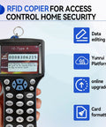Hand holding Multi-Frequency RFID Card Duplicator And Copier For Access Control, Home Security, digital screen and buttons visible.