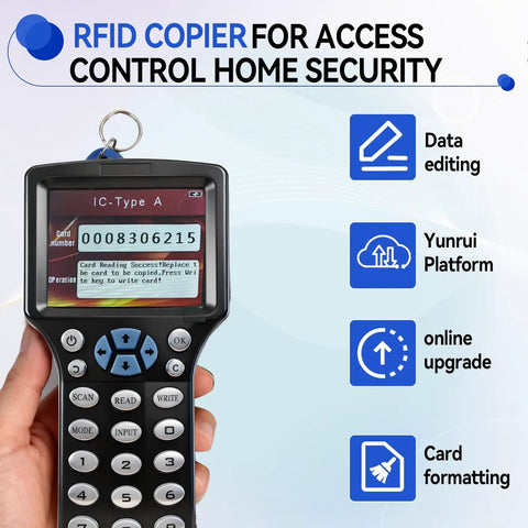 Hand holding Multi-Frequency RFID Card Duplicator And Copier For Access Control, Home Security, digital screen and buttons visible.