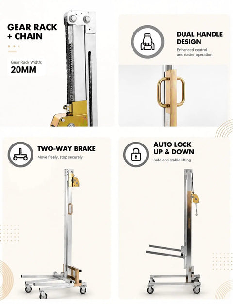 Heavy Duty Portable Manual Lifting Stacker With Effortless Winch For Moving 80kg Loads In The Shop Or Job Site No Power Needed Easy One Man Operation showing gear rack and handle design.