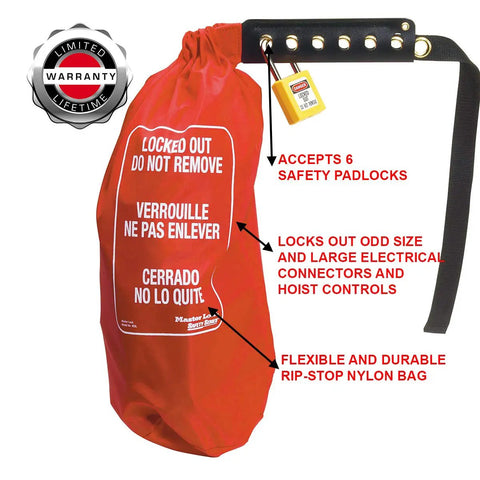 Lockout Tagout Oversized Plug And Hoist Control Cover in red rip-stop nylon with 6 padlock slots displayed.