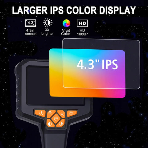 Industrial Borescope Endoscope With 4.3 Inch IPS Screen And 1920P HD Camera, Eight LED Lights, 16.5 Foot Semi Rigid Probe That Snakes Through Tight Spots For Quick Internal Inspections And Real World Diagnostics. 4.3in IPS display front view