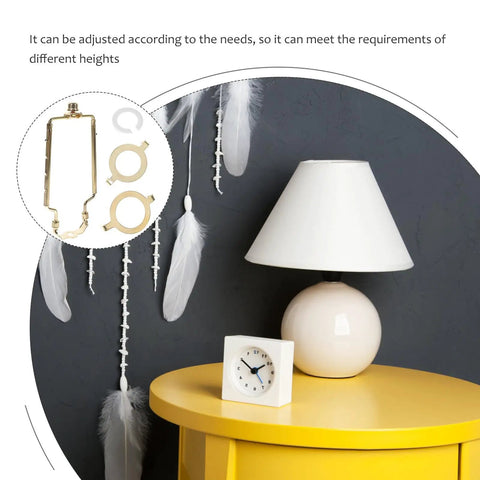 Adjustable Lampshade Harp Holder Kit with white lampshade on yellow table, sturdy golden finish, ideal DIY lighting upgrade