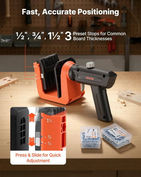 Pocket Hole Jig Kit for Woodworking With Adjustable Half Inch Three Quarters Inch One And A Half Inch Settings on workbench