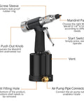 Your Go To Heavy Duty Pneumatic Hydraulic Rivet Nut Set Kit With Eight Mandrels For M4 M5 M6 M8 M10 And Quarter Inch Five Sixteenths And Three Eighths Nuts Includes Storage Case Built For DIY Projects Marine Repairs And Pro Garage Work showing mandrel part, nut push out knob, and air pump pipe connector.