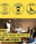 Image showing a group of people in a meeting wearing masks, promoting advanced filtration, face-fitting design, and comfort features.
