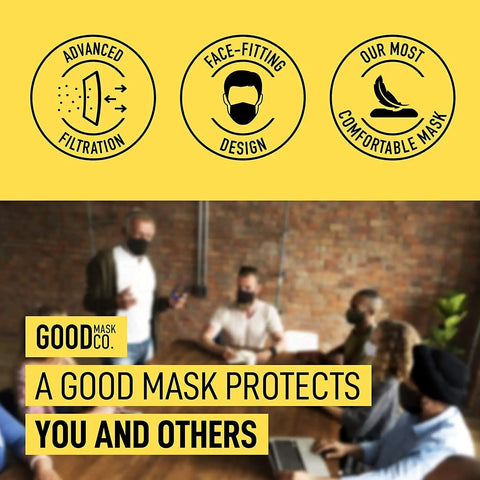 Image showing a group of people in a meeting wearing masks, promoting advanced filtration, face-fitting design, and comfort features.
