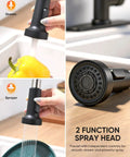 Heavy Duty Matte Black Kitchen Faucet With Smooth Operator Pull Down Sprayer And High Arc Spring Mount delivering dual spray settings in use.