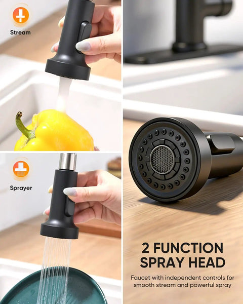 Heavy Duty Matte Black Kitchen Faucet With Smooth Operator Pull Down Sprayer And High Arc Spring Mount delivering dual spray settings in use.