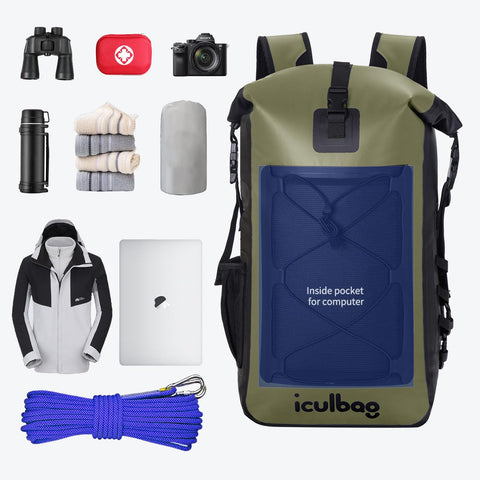 Green Roll-Top Waterproof Dry Bag Backpack 30L with accessories for Travel, Kayaking, Boating, Beach, Hiking and Camping