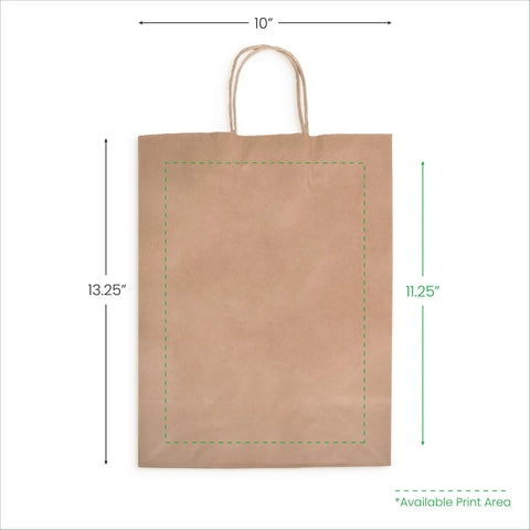 Custom Full Color Kraft Paper Bags With Handles 10 By 5 And A Half By 13 And A Quarter Inches showing front print area