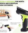 Side view of black and green 2D Wireless Barcode Scanner For Inventory And Data Collection Pocket Handy 3 In 1 Scanner with ergonomic handle.