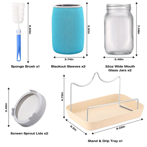All In One Sprouting Jar Kit With 2 Wide Mouth Mason Jars Mesh Lids Blackout Sleeves Stand And Tray For Easy Home Sprouting