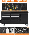 Heavy Duty Rolling Tool Chest And Mobile Workbench 61 Inch With 10 Drawers Solid Rubber Wood Top Built In Power Strip 1675 Lbs Capacity Black Garage Storage Cabinet