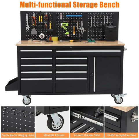 Heavy Duty Rolling Tool Chest With 10 Drawers And Solid Rubber Wood Top Mobile Workstation Locking System And Power Strip For Garage Workshop Ideal For Pros And DIYers black steel tool chest with pegboard and casters