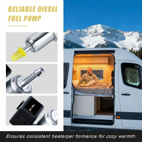Heavy Duty 12V Diesel Heater Fuel Pump 22ml Flow With Sturdy Bracket showcasing installation for cozy warmth in camper.