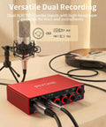 Red 2x2 24 Bit 192 KHz Audio Interface with XLR and TRS Combo Input, connected to a microphone and guitar, showcasing versatility.