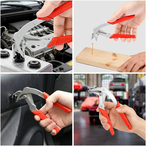 Non Destructive Car Clip Pliers Set With 20 8mm Rivets in use for automotive panel removal and a wood surface