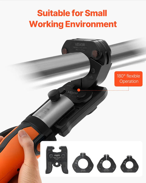 VEVOR 7 Piece VMP Pressing Kit With 3540 Actuator And Jaws For 1/2 To 2 Inch Carbon Steel Piping hydraulic tool in hand, showing flexible operation.
