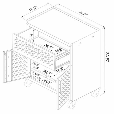 Diagram of Fortress Mobile Garage Storage Cabinet on Wheels with dimensions, full-extension drawer, and adjustable shelves visible.