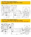 ZCT085 Hollow Rotate Platform technical drawing for 11mm 60mm flange servo motor with dimensions and speed ratios.