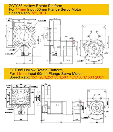 ZCT085 Hollow Rotate Platform technical drawing for 11mm 60mm flange servo motor with dimensions and speed ratios.