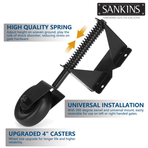 Heavy Duty Spring Loaded Gate Caster Wheel With 360 Degree Swivel And Universal Mount Plate Leveling Bracket, 4 inch, black