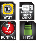 Infographic showing 10W wattage, USB power output, 7-hour runtime, and Li-ion battery for Rechargeable 2200 Lumen Lithium Ion Ultra Bright LED Spotlight Flashlight With USB Power Charger, Pivoting Stand, Hands Free Trigger Lock, Your Go To Work Light With Beast Brightness And Up To 10 Hour Run Time.