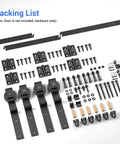Bi Folding Sliding Barn Door Hardware Kit For Four Doors, 48 Inch Black Track With J Shape Rollers, detailed parts layout