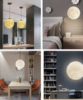 Light Up Moon 3D Printed Moon Pendant Lamp With Three Color Modes 12W E26 LED Included Moon Light For Home Office Bars Cafe 10 Inch Energy Efficient Cozy Modern Vibe in various room settings