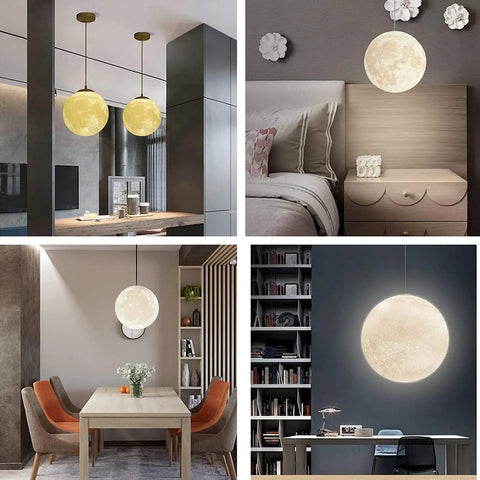 Light Up Moon 3D Printed Moon Pendant Lamp With Three Color Modes 12W E26 LED Included Moon Light For Home Office Bars Cafe 10 Inch Energy Efficient Cozy Modern Vibe in various room settings