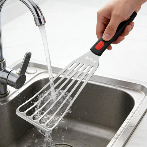 Angled front view of a 10.3-inch stainless steel fish spatula with a slotted head and black handle under running water.