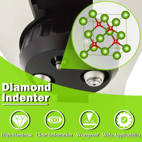 Heavy Duty Automatic Turret Digital Vickers Hardness Tester With Precision Touchscreen Display For Metal Steel Analysis showing diamond indenter close-up.