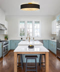 Cool Modern Flush Mount Ceiling Light Fixture With Gray Linen Drum Shade And Black Canopy Four Light Overhead in kitchen