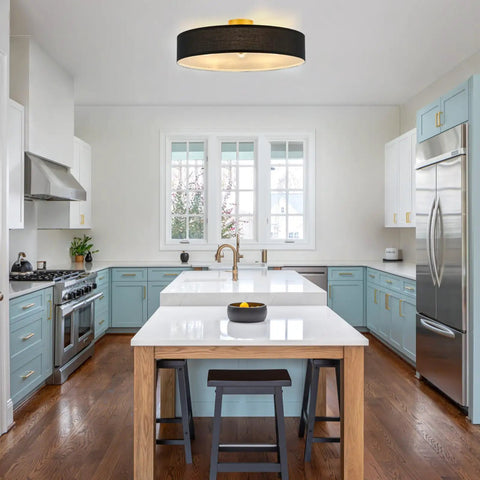 Cool Modern Flush Mount Ceiling Light Fixture With Gray Linen Drum Shade And Black Canopy Four Light Overhead in kitchen