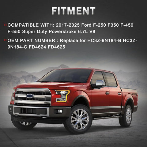 Image showing a red Ford Super Duty truck compatible with Ford F Series Super Duty 6.7L Powerstroke Diesel Fuel Filter Replacement for 2017-2025.