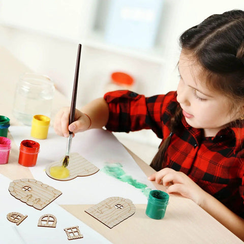 Child painting DIY Fairy House Kit 48 Pcs Unfinished Wood Doors And Windows For Miniature Garden Decor with colorful paints
