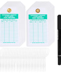 Heavy Duty Emergency Shower And Eye Wash Test Record Tags, Tough As Nails Double Sided Safety Compliance Holders With Solid Brass Grommets, Pack Of Twenty Five stacked with clear loops and pen.