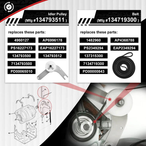 Dryer Idler Pulley And Drive Belt Kit 134793511 137315300 shown with compatible model numbers for repair use