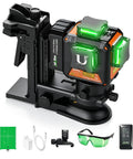 Top Shelf Green Laser Level With 3X360 Self Leveling Precision And Crisp Digital Readout showing kit with mount, glasses, and charger.
