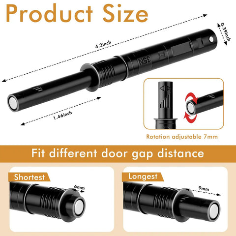 Product dimensions and adjustable features of black 4.21 inch 50 Pack Magnetic Push Latches For Cabinet Doors And Drawers.