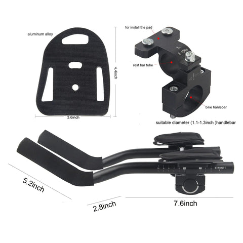 Aluminum Aero Bar Armrest For Road Bikes Clip On TT Handlebar Extensions shown with dimensions and components detailed