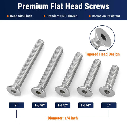 Heavy Duty 4-40 By 1/4 Inch Flat Socket Head Screws Featuring Countersunk Allen Heads Made From Top Shelf 304 Stainless Steel 18-8, showing various lengths.